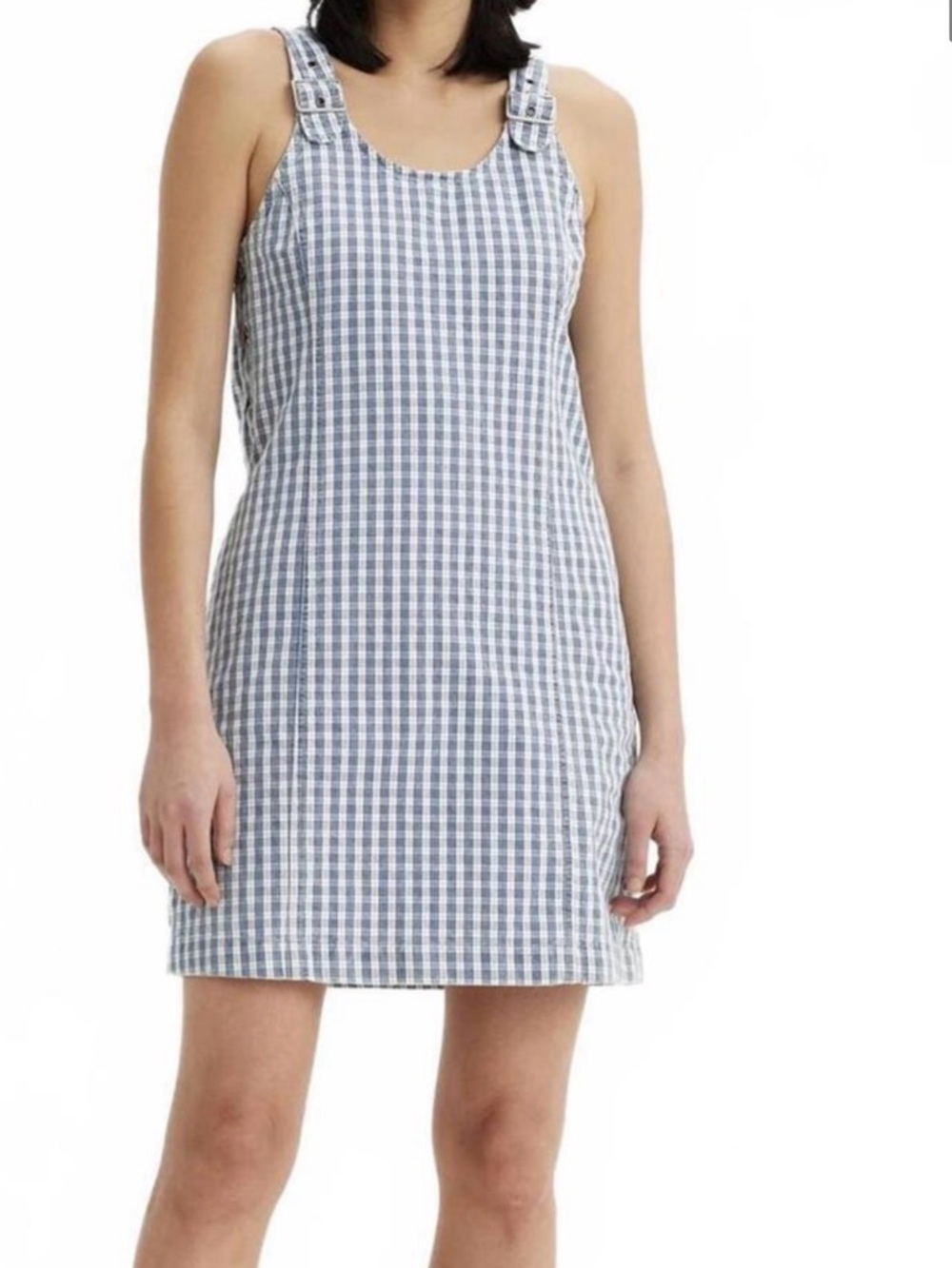 Levi's Aly Sleeveless Jumper Mini Denim Dress Blue White Check Gingham